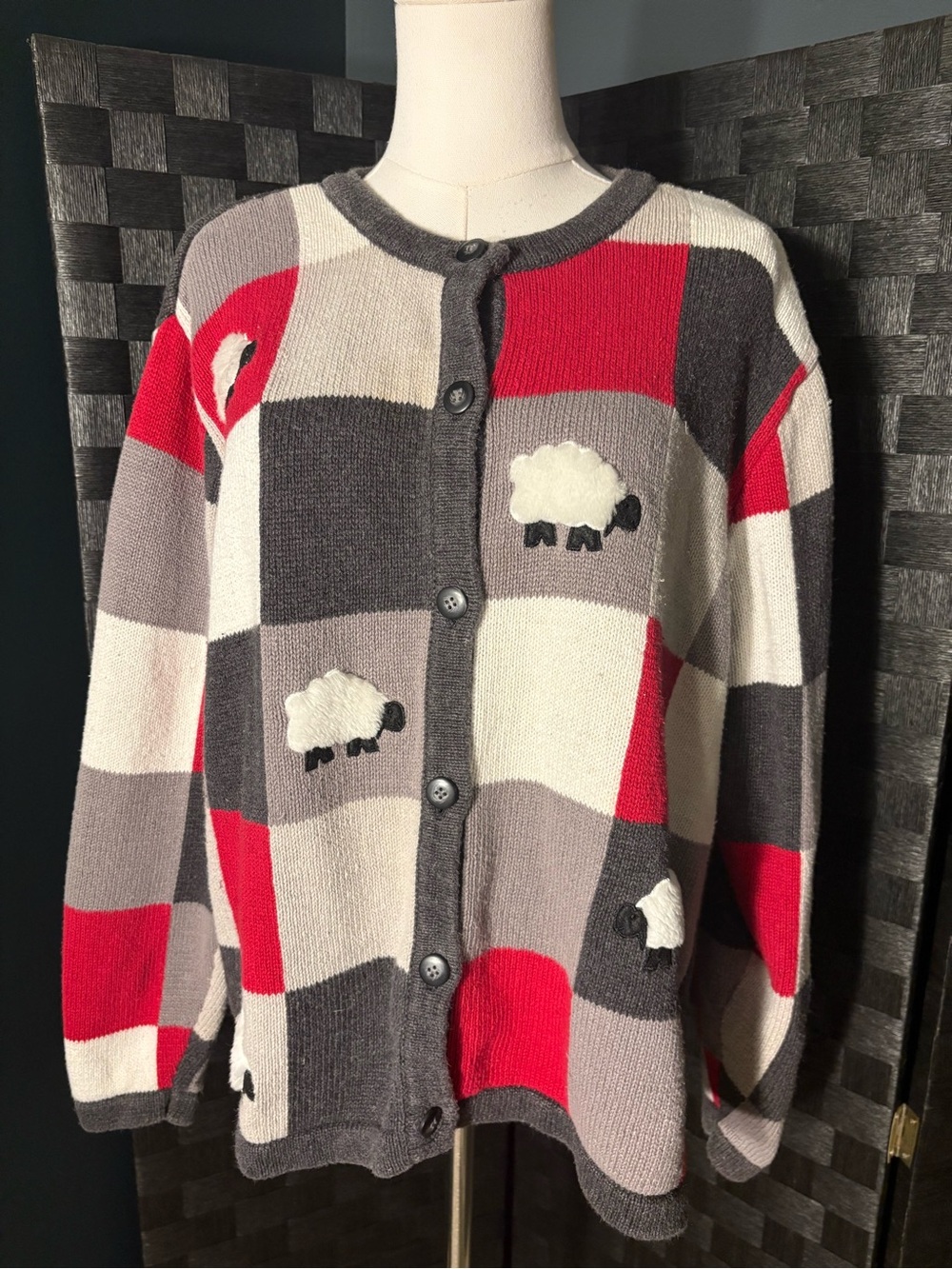 VTG 90s Blair Boutique Sheep Checkerboard Cardigan Sweater Coziness Grandmacore
